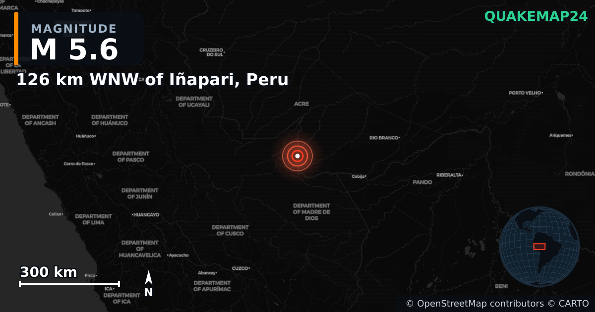 M5.6 earthquake near 126 km WNW of Iñapari, Peru on Mar 11, 2025 — map of epicenter and shaking intensity | QuakeMap24