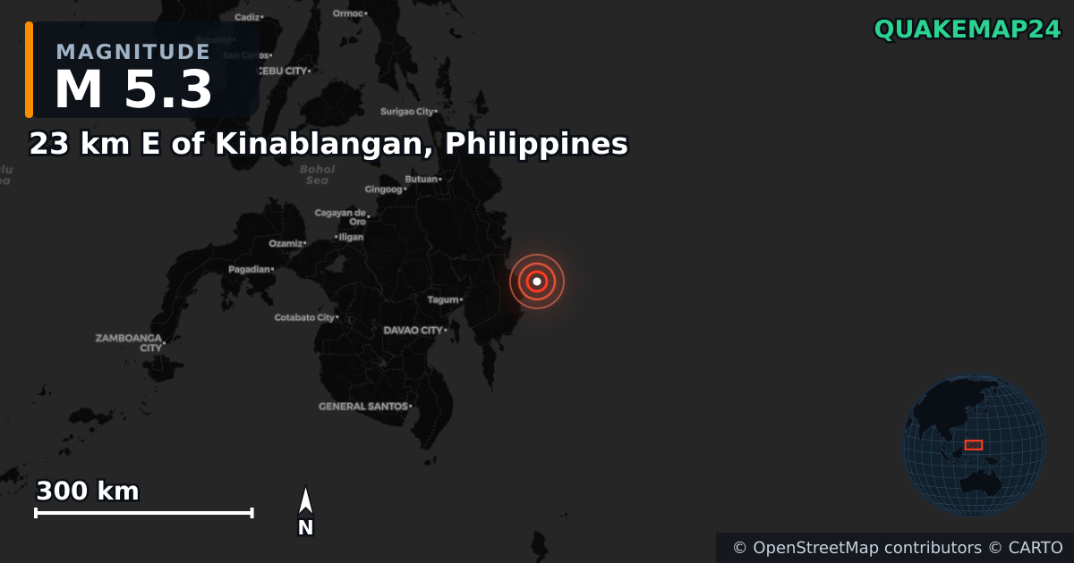 Erdbeben M5,3 bei 23 km E of Kinablangan, Philippines — Karte der Lage des Epizentrums