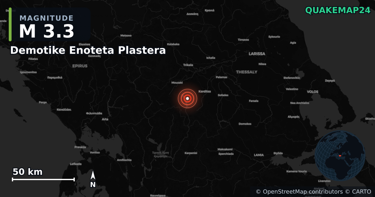 M3.3 earthquake near Demotike Enoteta Plastera on Nov 24, 2025 — map of epicenter and shaking intensity | QuakeMap24