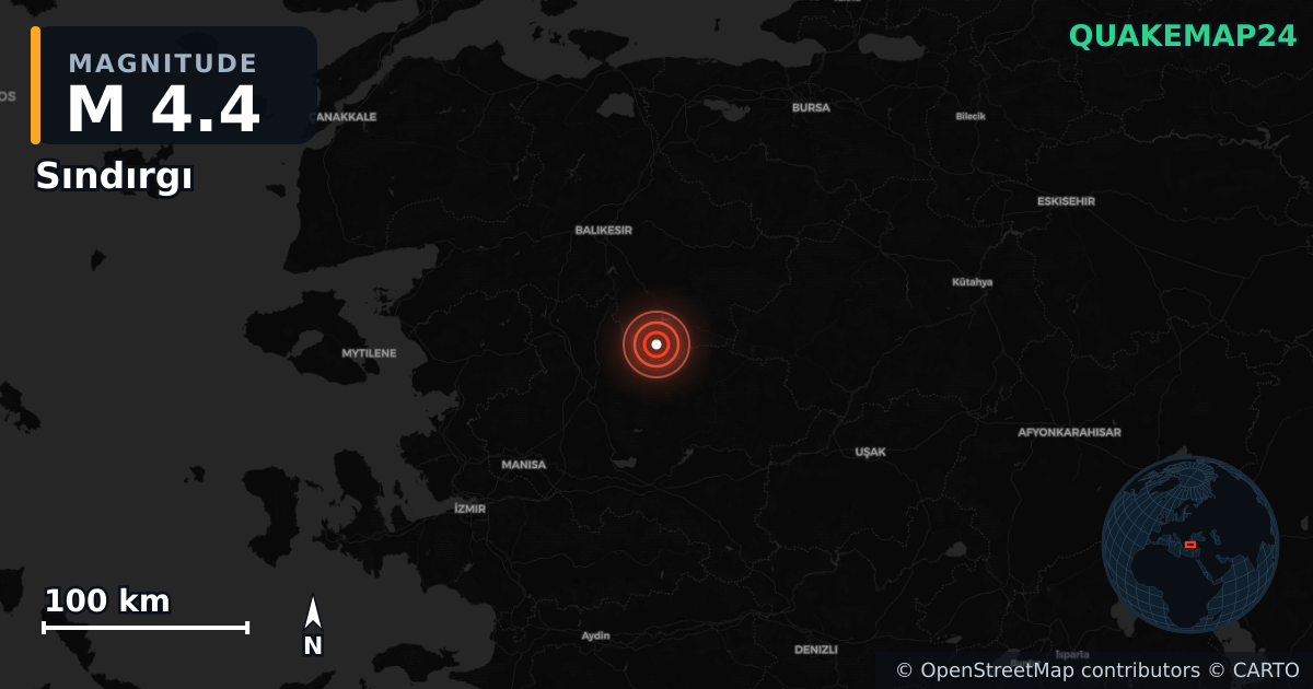 M4.4 earthquake near Sındırgı on Sep 7, 2025 — map of epicenter and shaking intensity | QuakeMap24