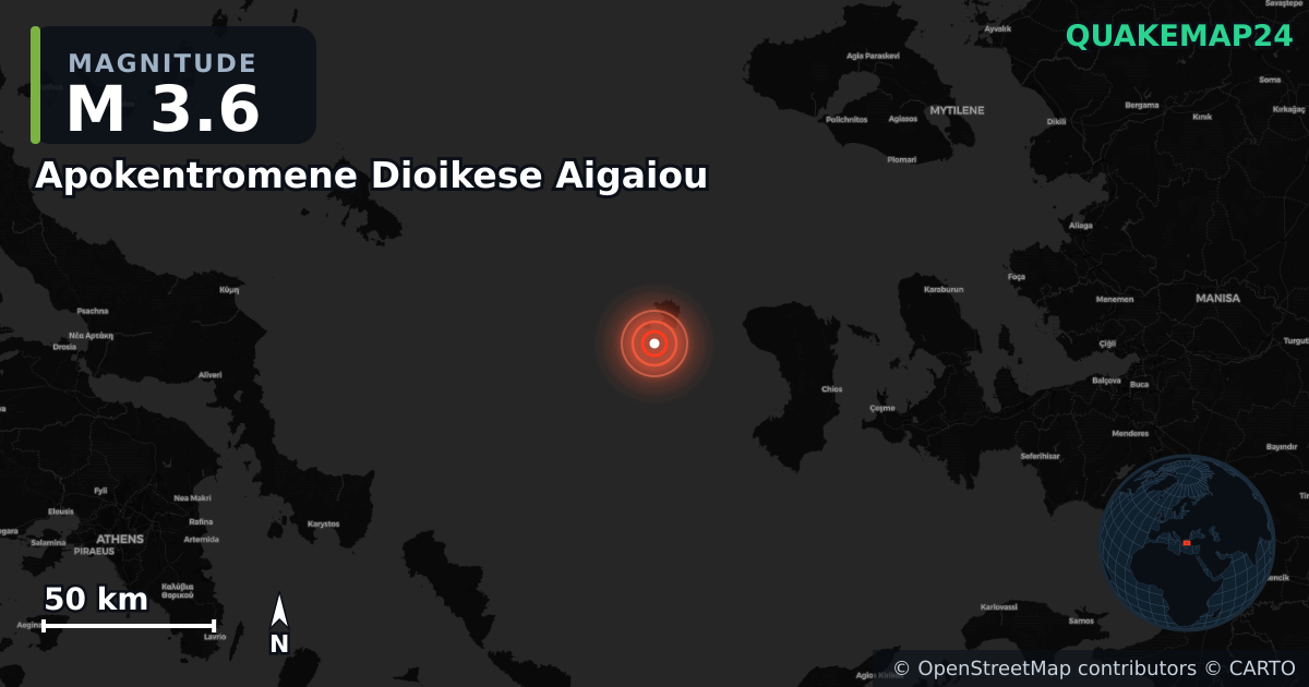 M3.6 earthquake near Apokentromene Dioikese Aigaiou on Jun 1, 2025 — map of epicenter and shaking intensity | QuakeMap24