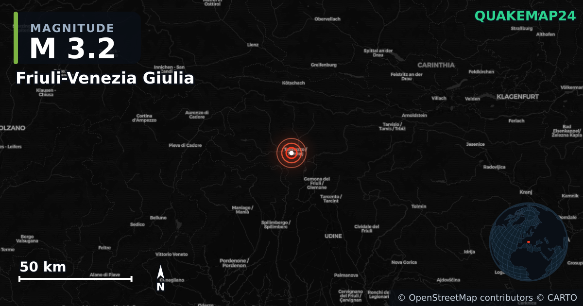 M3.2 earthquake near Friuli-Venezia Giulia on Jul 21, 2025 — map of epicenter and shaking intensity | QuakeMap24