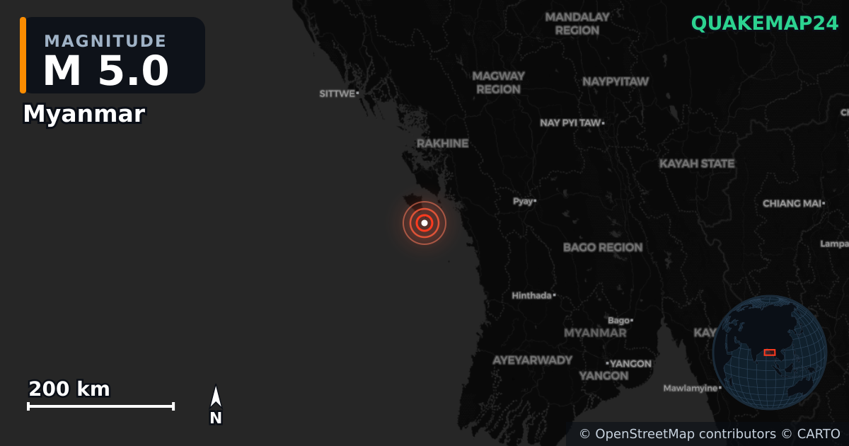 M5.0 earthquake near Myanmar on Oct 10, 2025 — map of epicenter and shaking intensity | QuakeMap24