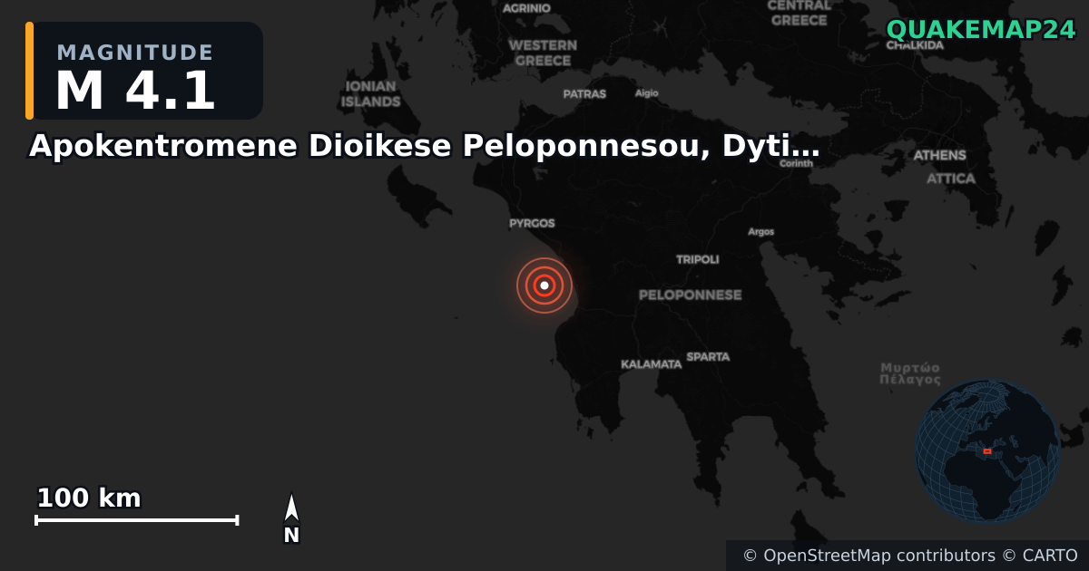 M4.1 earthquake near Apokentromene Dioikese Peloponnesou, Dytikes Elladas kai Ioniou on May 19, 2025 — map of epicenter and shaking intensity | QuakeMap24