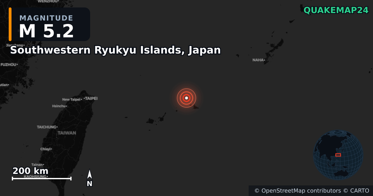 M5.2 earthquake near Southwestern Ryukyu Islands, Japan on Feb 28, 2026 — map of epicenter and shaking intensity | QuakeMap24