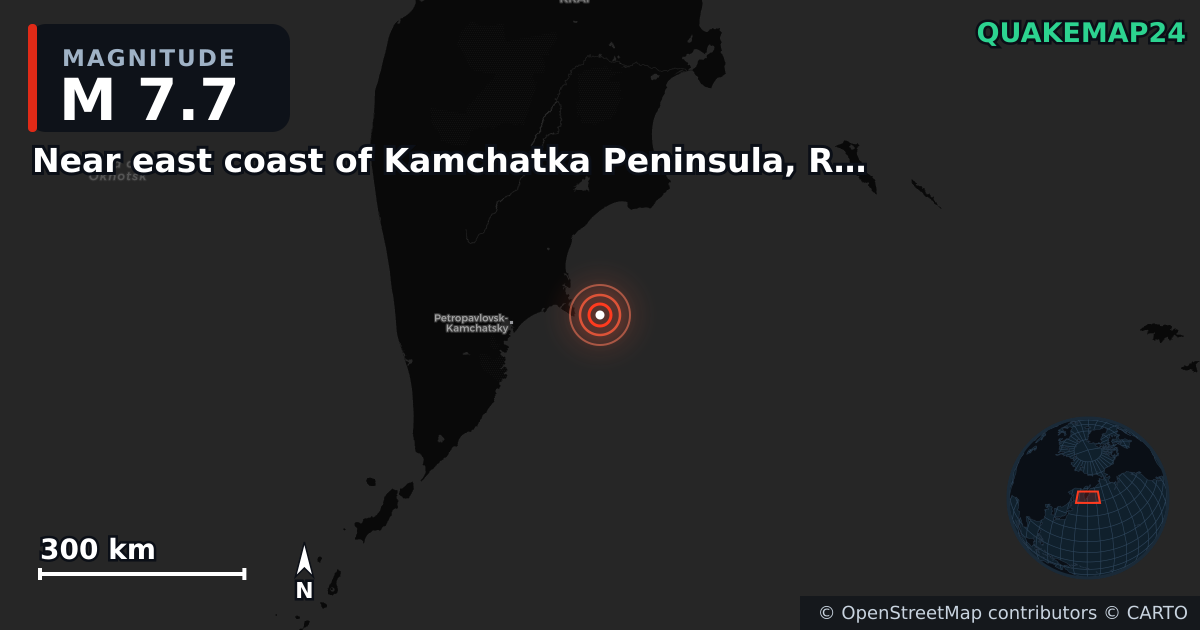 M7.7 earthquake near Near east coast of Kamchatka Peninsula, Russia [Sea: Russia] on Sep 18, 2025 — map of epicenter and shaking intensity | QuakeMap24