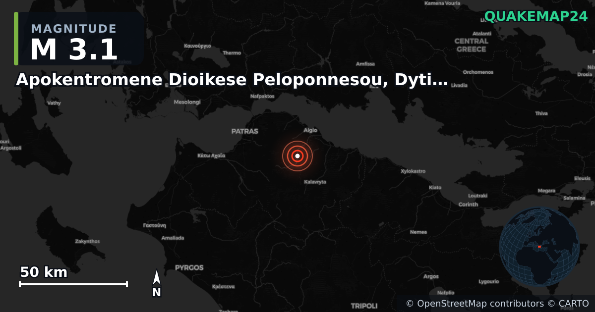 M3.1 earthquake near Apokentromene Dioikese Peloponnesou, Dytikes Elladas kai Ioniou on Jun 7, 2025 — map of epicenter and shaking intensity | QuakeMap24