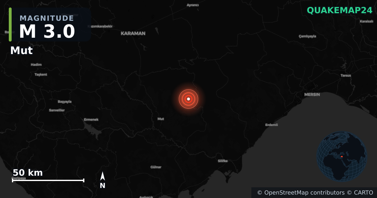 M3.0 earthquake near Mut on Dec 31, 2025 — map of epicenter and shaking intensity | QuakeMap24