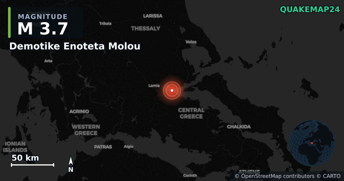 M3.7 earthquake near Demotike Enoteta Molou on Jun 8, 2026 — map of epicenter and shaking intensity | QuakeMap24