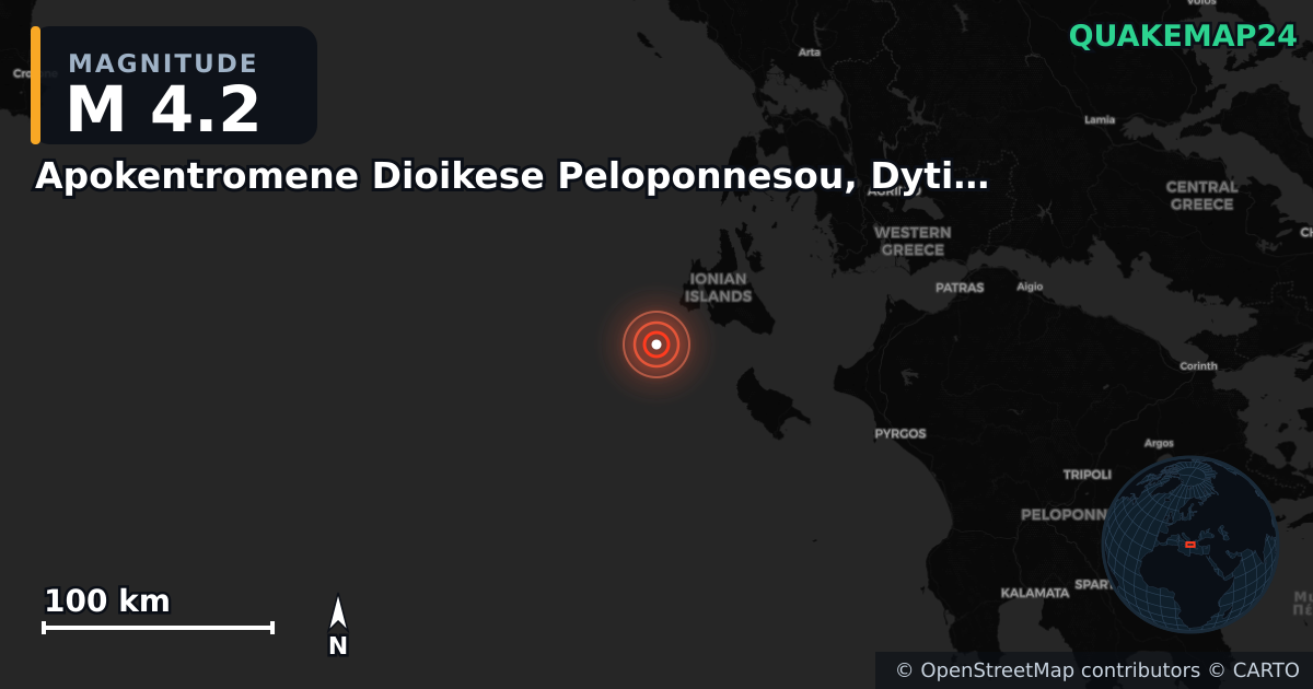 M4.2 earthquake near Apokentromene Dioikese Peloponnesou, Dytikes Elladas kai Ioniou on Jun 21, 2025 — map of epicenter and shaking intensity | QuakeMap24