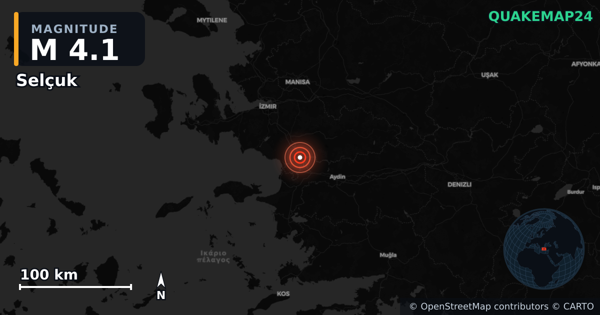 Σεισμός M4,1 κοντά στο Selçuk, Izmir (Τουρκία) · 2026-09-18 — Χάρτης της θέσης του επικέντρου
