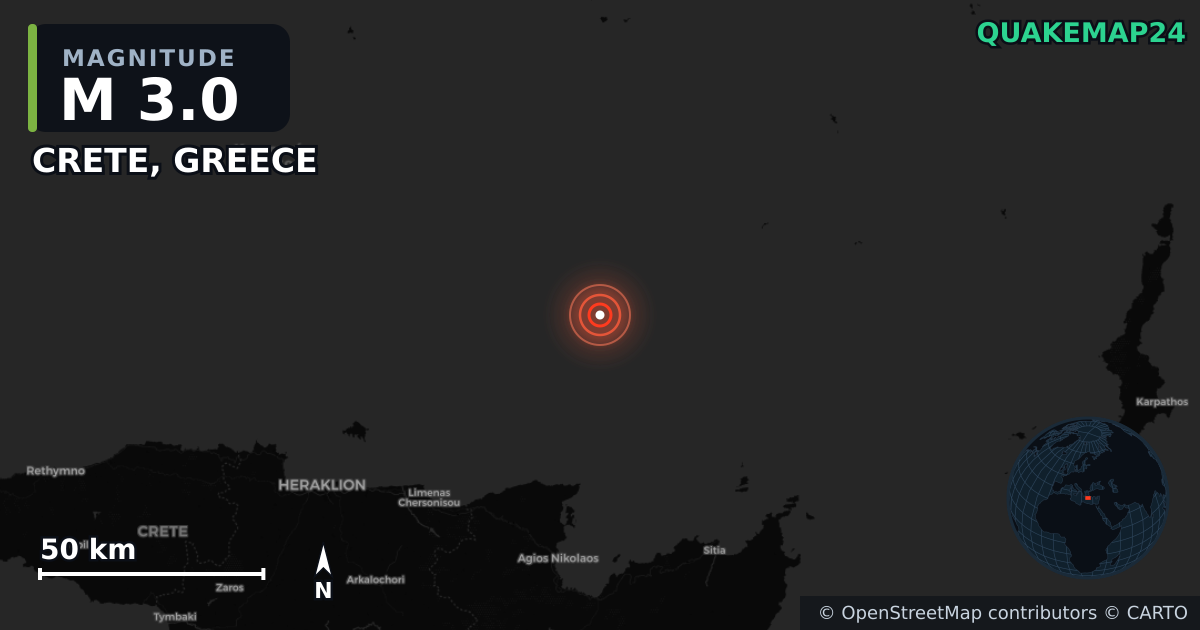 M3.0 earthquake near CRETE, GREECE on May 29, 2025 — map of epicenter and shaking intensity | QuakeMap24