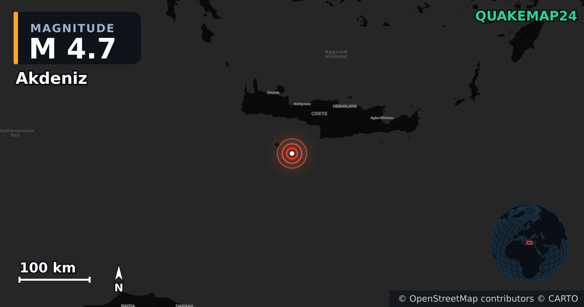 M4.7 earthquake near Akdeniz on Jun 20, 2026 — map of epicenter and shaking intensity | QuakeMap24