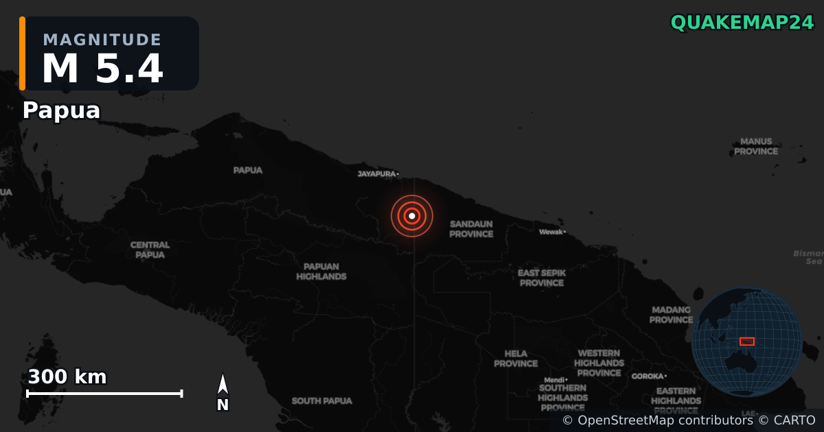 M5.4 earthquake near Papua on May 3, 2025 — map of epicenter and shaking intensity | QuakeMap24