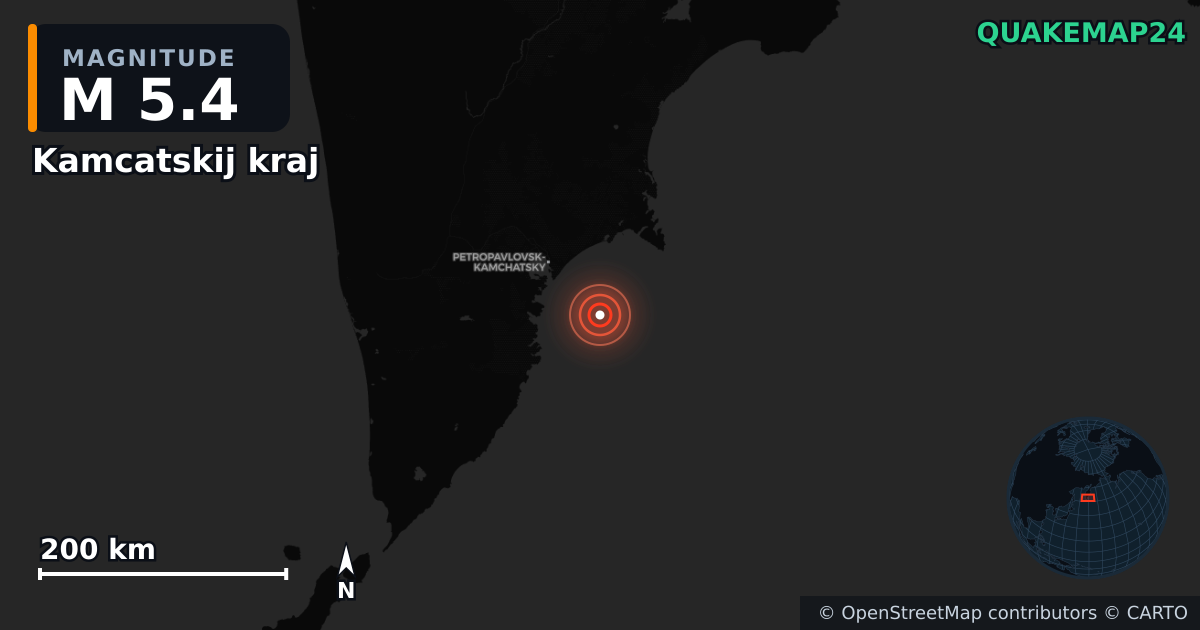 M5.4 earthquake near Kamcatskij kraj on Sep 17, 2025 — map of epicenter and shaking intensity | QuakeMap24