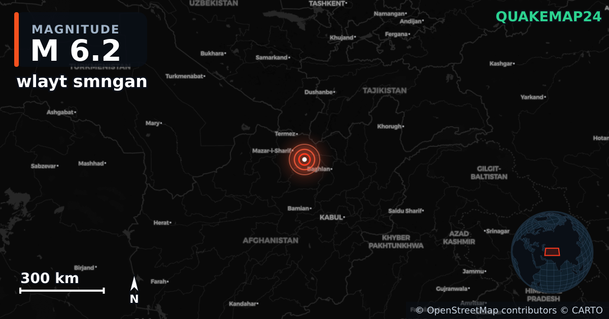 M6.2 earthquake near wlayt smngan on Nov 2, 2025 — map of epicenter and shaking intensity | QuakeMap24