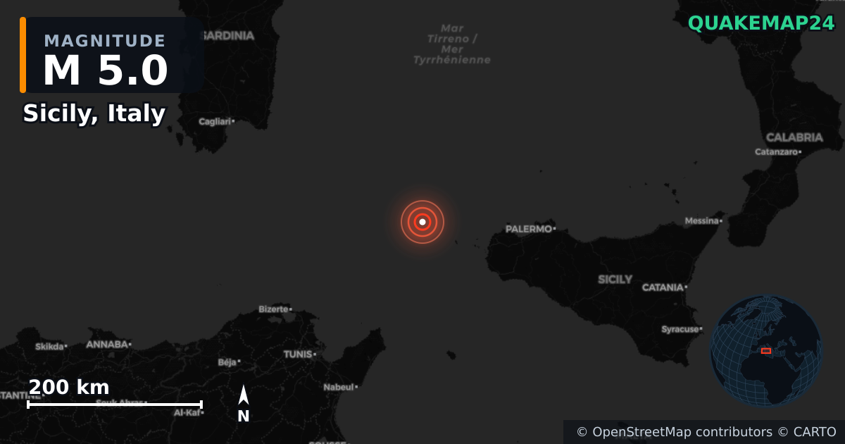 Sicily, Italy yakınında M5,0 deprem — Deprem merkez üssünün konumunu gösteren harita