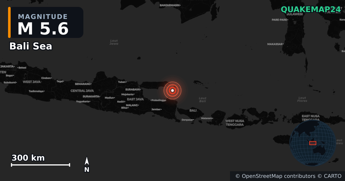 M5.6 earthquake near Bali Sea on Sep 30, 2025 — map of epicenter and shaking intensity | QuakeMap24
