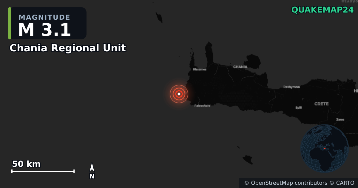 Erdbeben M3,1 bei Chania Regional Unit, Region of Crete (Griechenland) · 2026-09-15 — Karte der Lage des Epizentrums