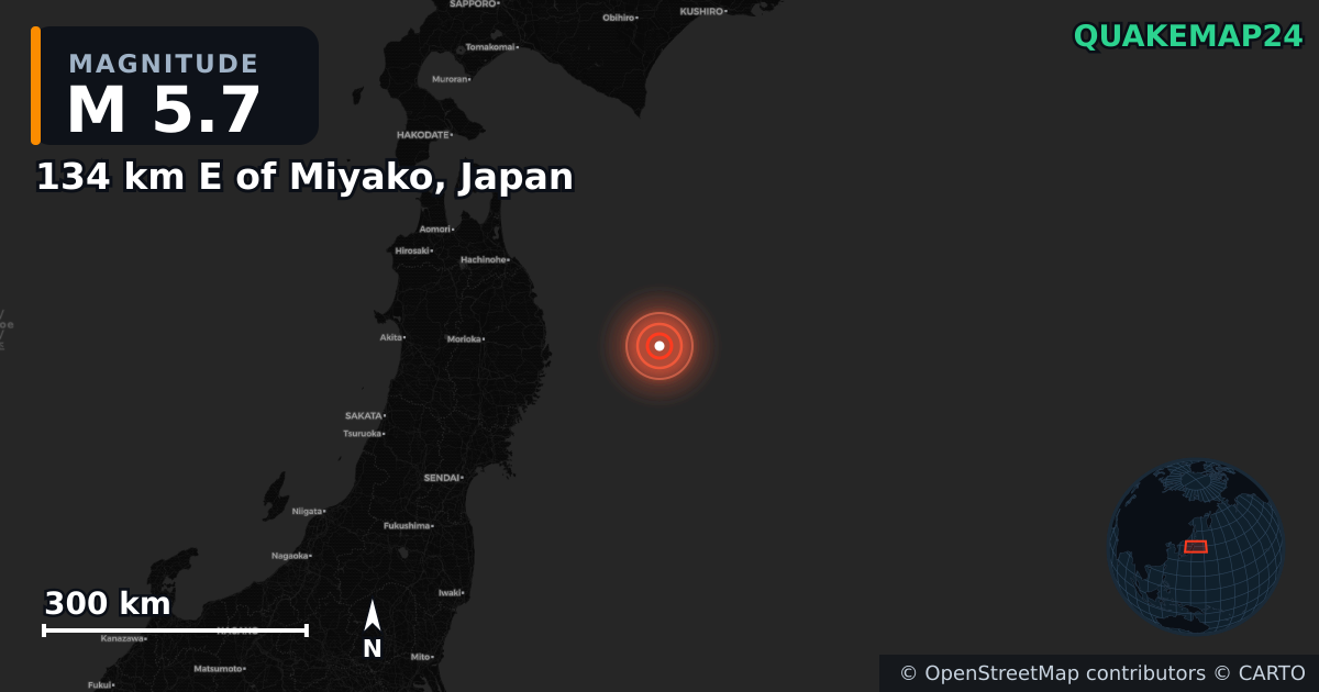 M5.7 earthquake near 134 km E of Miyako, Japan on Nov 9, 2025 — map of epicenter and shaking intensity | QuakeMap24