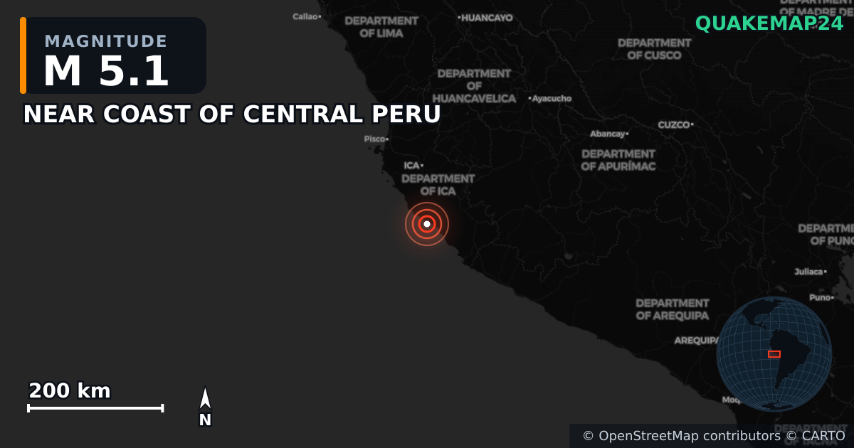 M5.1 earthquake near NEAR COAST OF CENTRAL PERU on May 28, 2025 — map of epicenter and shaking intensity | QuakeMap24