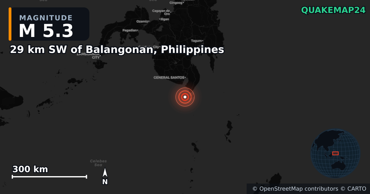 M5.3 earthquake near 29 km SW of Balangonan, Philippines on Jun 8, 2026 — map of epicenter and shaking intensity | QuakeMap24