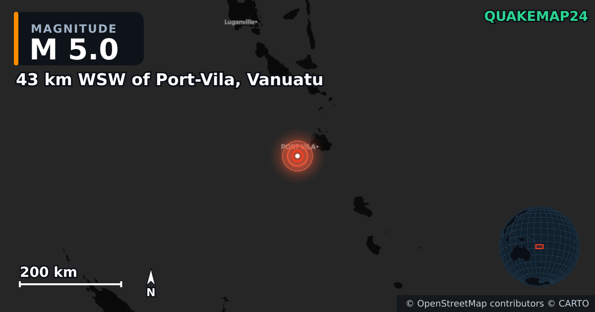 M5.0 earthquake near 43 km WSW of Port-Vila, Vanuatu on Jan 6, 2025 — map of epicenter and shaking intensity | QuakeMap24