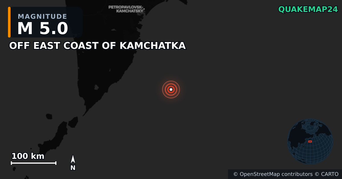 M5.0 earthquake near OFF EAST COAST OF KAMCHATKA on Jul 30, 2025 — map of epicenter and shaking intensity | QuakeMap24