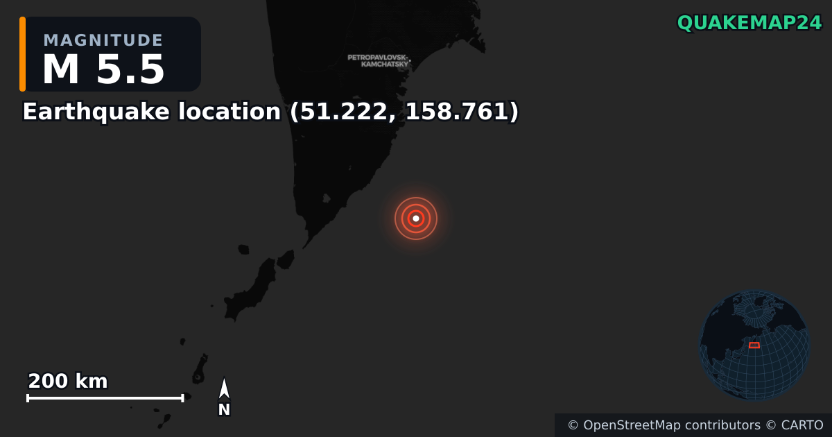 M5.5 earthquake near Deprem konumu (51.222, 158.761) on Sep 13, 2025 — map of epicenter and shaking intensity | QuakeMap24