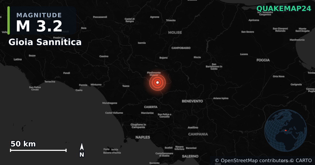 Erdbeben M3,2 bei Gioia Sannitica, Campania (Italien) · 2026-10-10 — Karte der Lage des Epizentrums