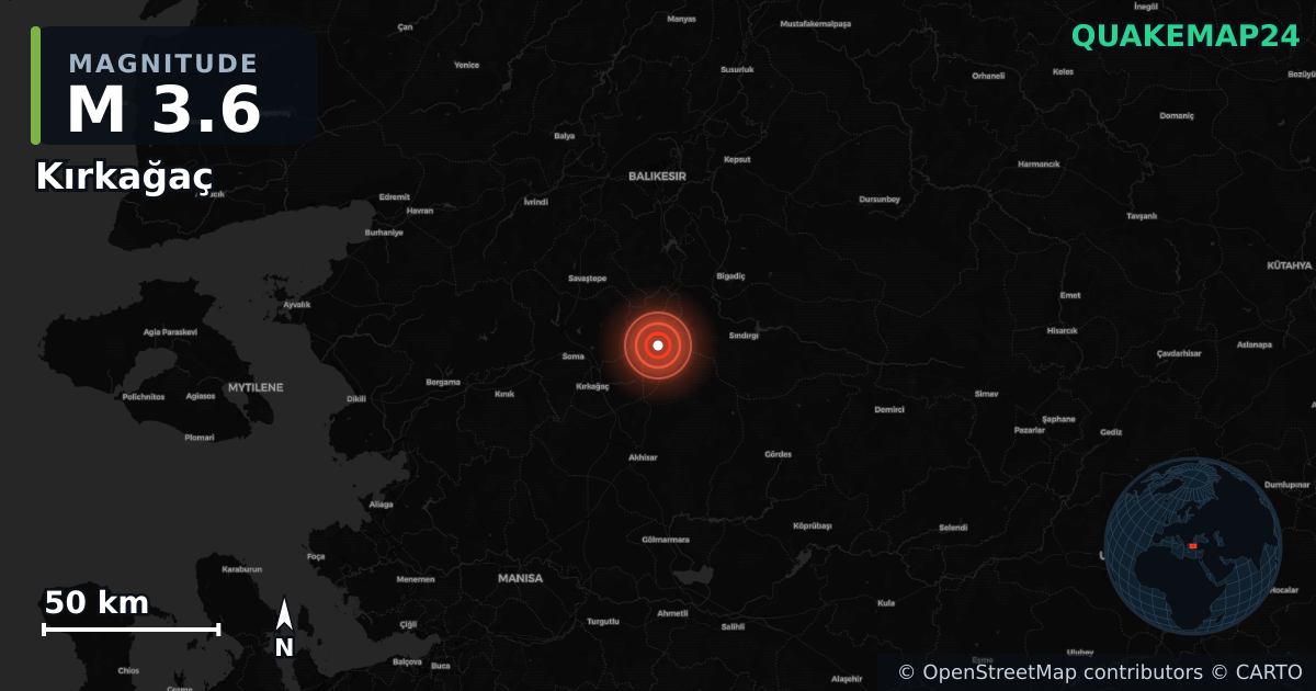 M3.6 earthquake near Kırkağaç on Sep 7, 2025 — map of epicenter and shaking intensity | QuakeMap24