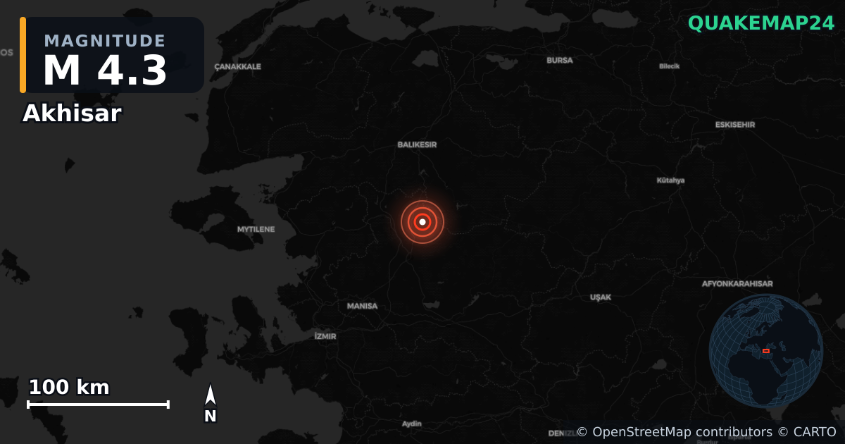 M4.3 earthquake near Akhisar on Nov 7, 2025 — map of epicenter and shaking intensity | QuakeMap24