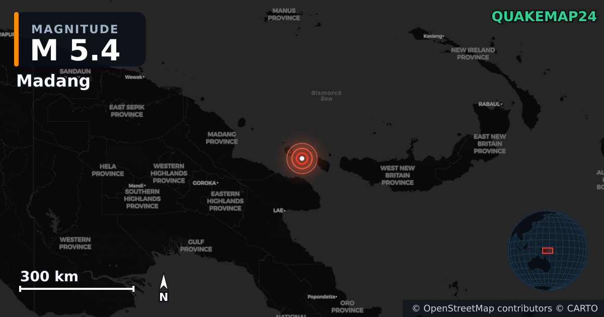 M5.4 earthquake near Madang on Jun 7, 2025 — map of epicenter and shaking intensity | QuakeMap24