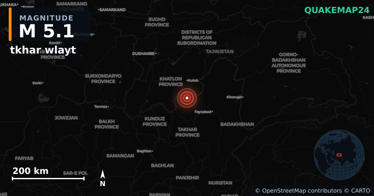 M5.1 earthquake near tkhar wlayt on Oct 7, 2025 — map of epicenter and shaking intensity | QuakeMap24