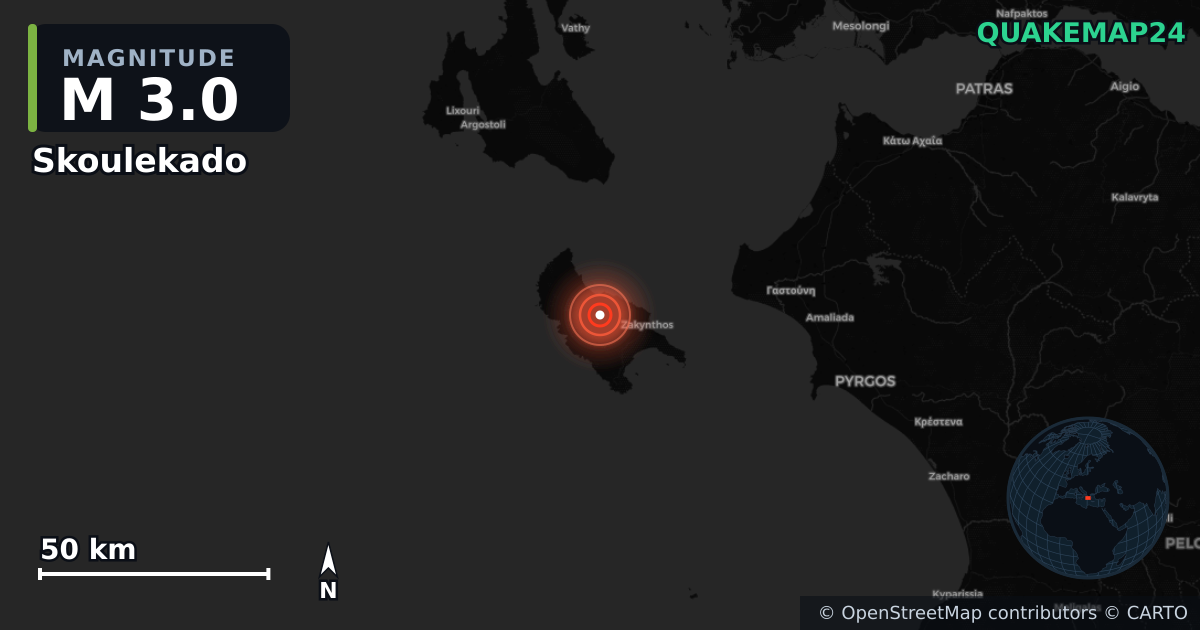 M3.0 earthquake near Skoulekado on Aug 31, 2025 — map of epicenter and shaking intensity | QuakeMap24
