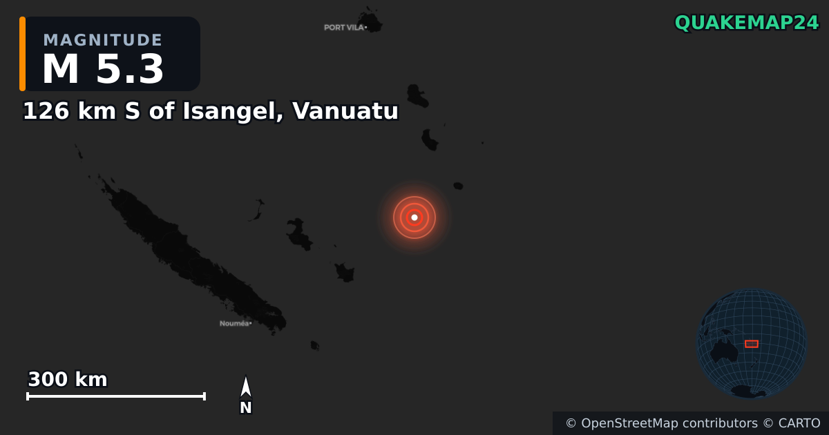 M5.3 earthquake near 126 km S of Isangel, Vanuatu on Jun 23, 2026 — map of epicenter and shaking intensity | QuakeMap24