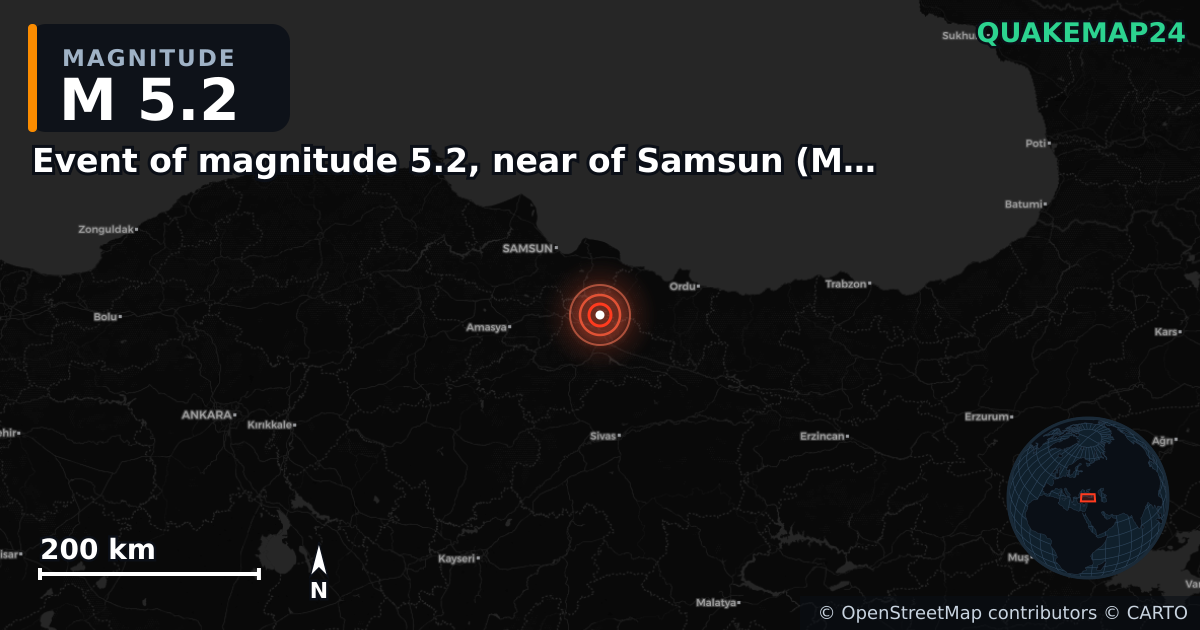 Erdbeben M5,2 bei Event of magnitude 5.2, near of Samsun (Monde) — Karte der Lage des Epizentrums