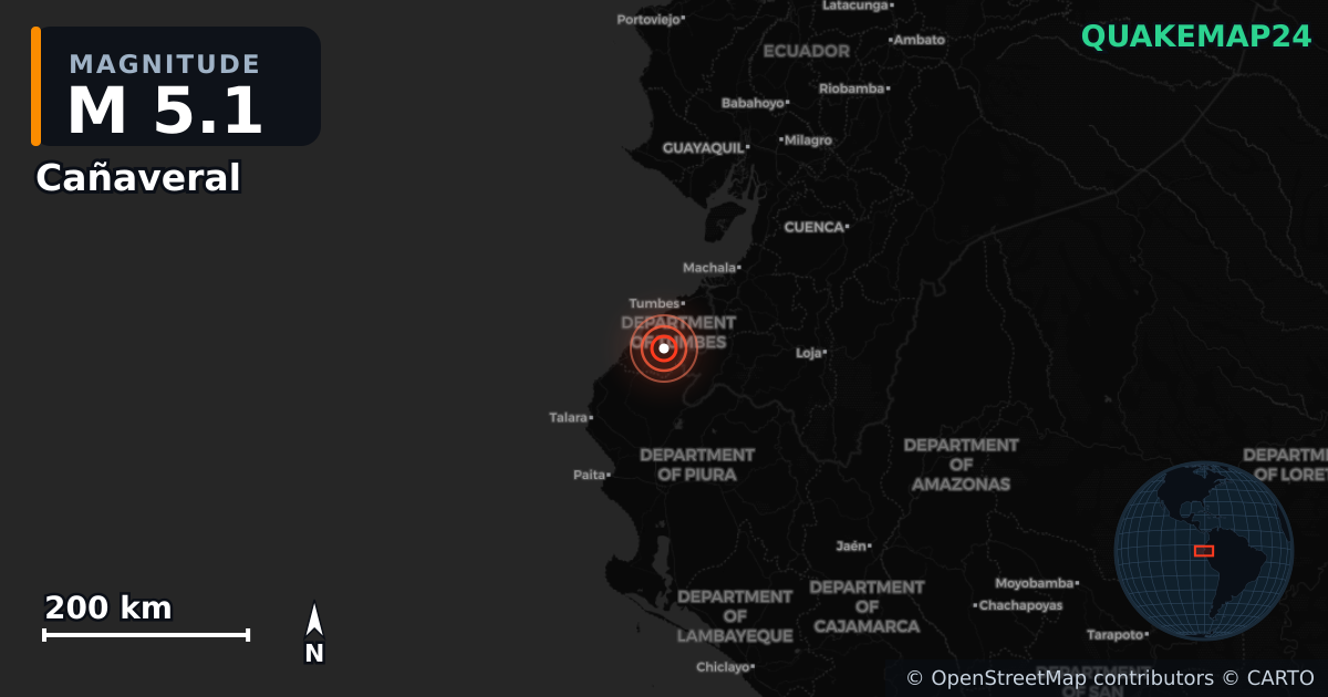 M5.1 earthquake near Cañaveral on May 11, 2025 — map of epicenter and shaking intensity | QuakeMap24
