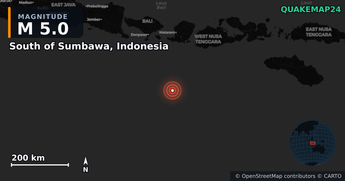 M5.0 Earthquake near South of Sumbawa, Indonesia · 2025-05-18 — Map showing the location of the epicenter
