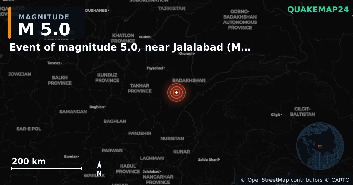 M5.0 earthquake near Event of magnitude 5.0, near Jalalabad (Monde) on Apr 18, 2026 — map of epicenter and shaking intensity | QuakeMap24