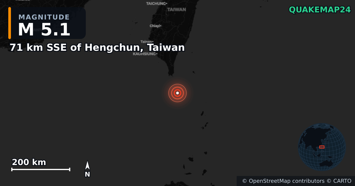 M5.1 earthquake near 71 km SSE of Hengchun, Taiwan on Jan 21, 2025 — map of epicenter and shaking intensity | QuakeMap24