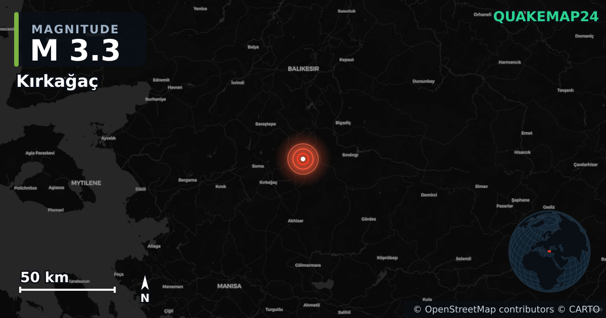 M3.3 earthquake near Kırkağaç on Nov 10, 2025 — map of epicenter and shaking intensity | QuakeMap24