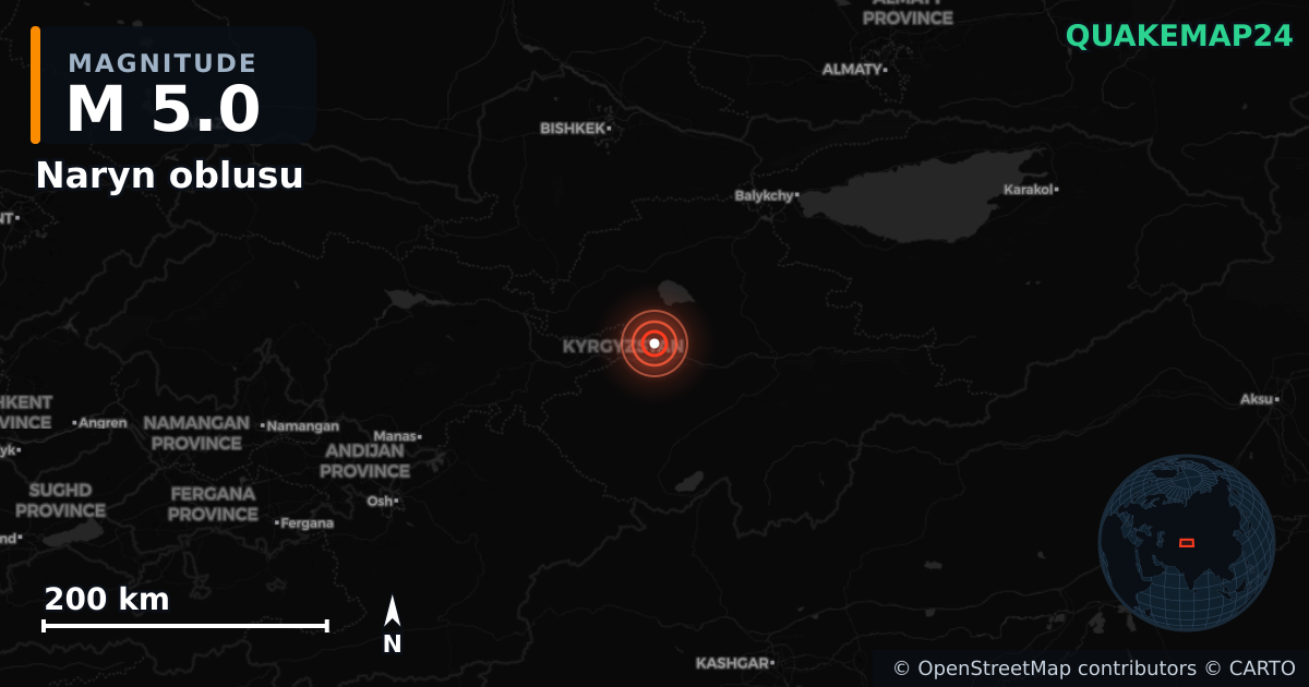 M5.0 earthquake near Naryn oblusu on May 12, 2025 — map of epicenter and shaking intensity | QuakeMap24