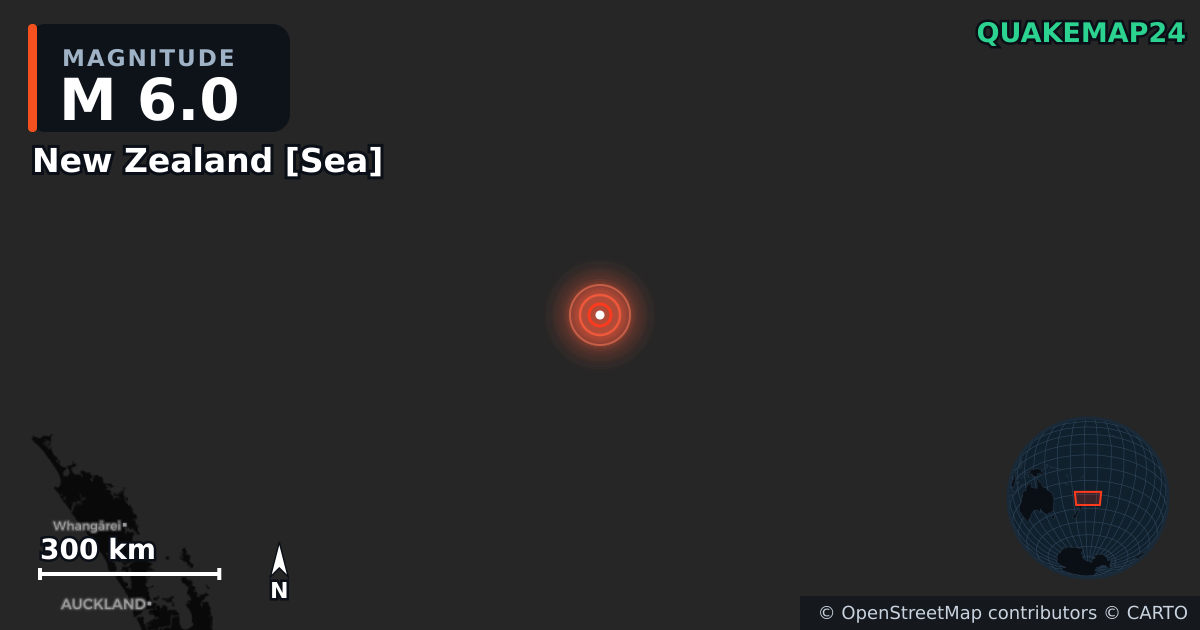 M6.0 earthquake near New Zealand [Sea] on Apr 18, 2026 — map of epicenter and shaking intensity | QuakeMap24