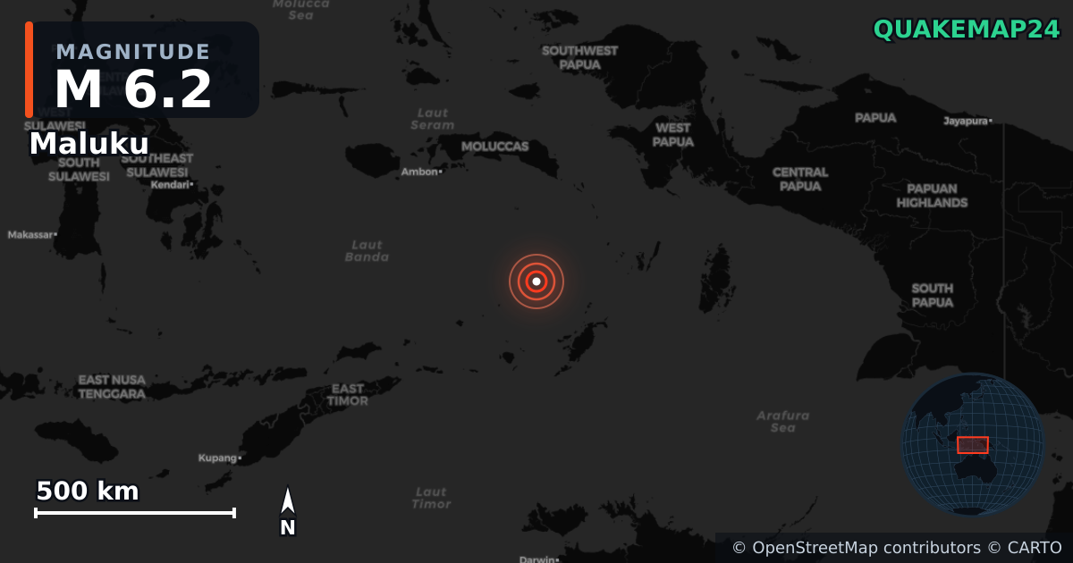 M6.2 earthquake near Maluku on May 14, 2026 — map of epicenter and shaking intensity | QuakeMap24