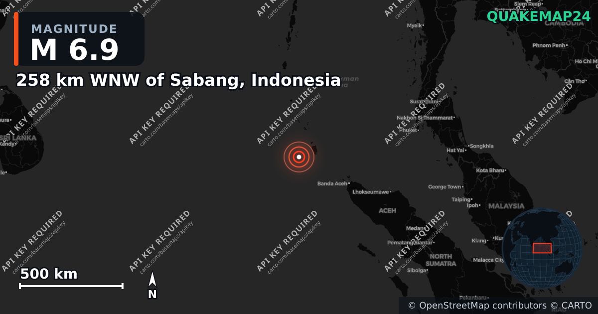 M6.9 earthquake near 258 km WNW of Sabang, Indonesia on Jul 28, 2025 — map of epicenter and shaking intensity | QuakeMap24