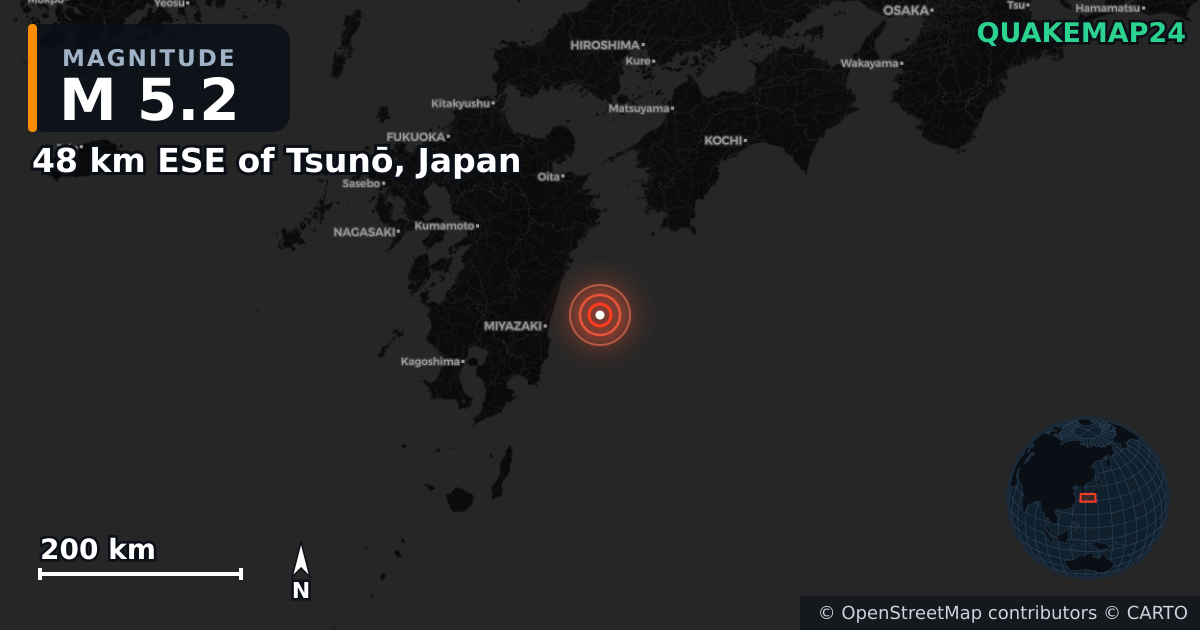 Erdbeben M5,2 bei 48 km ESE of Tsunō, Japan — Karte der Lage des Epizentrums