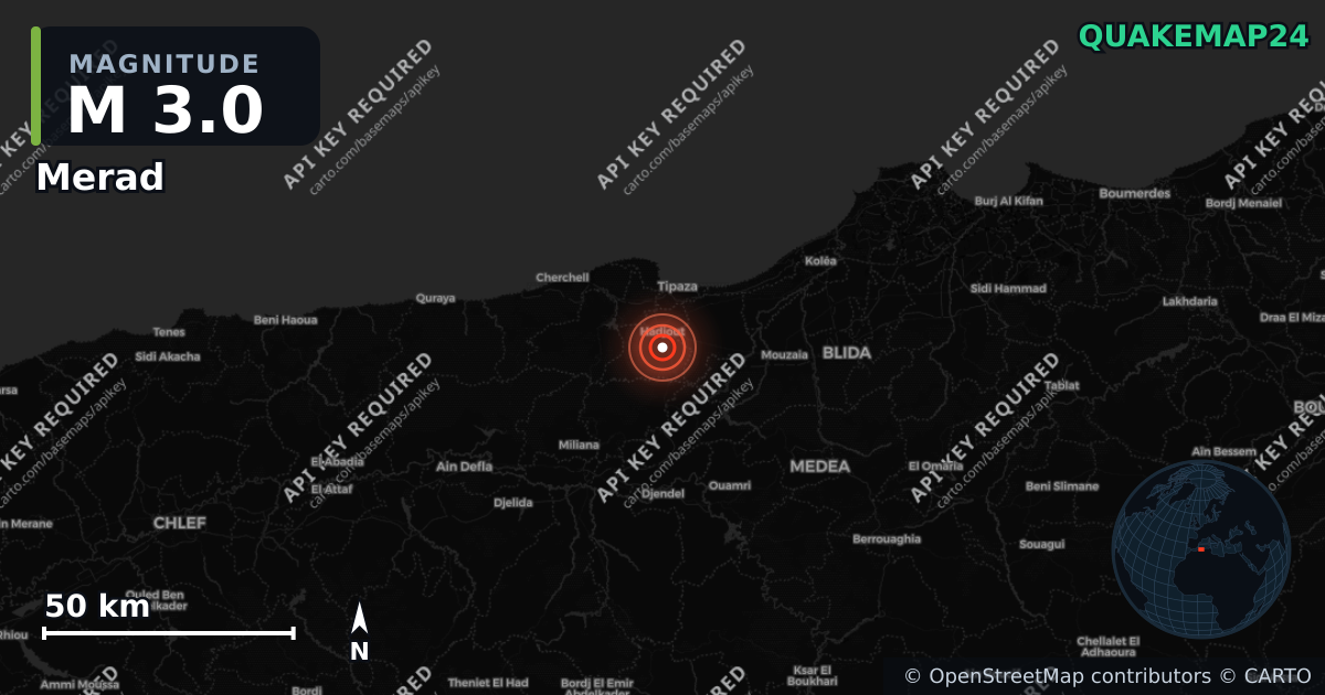 M3.0 earthquake near Merad on Aug 29, 2026 — map of epicenter and shaking intensity | QuakeMap24