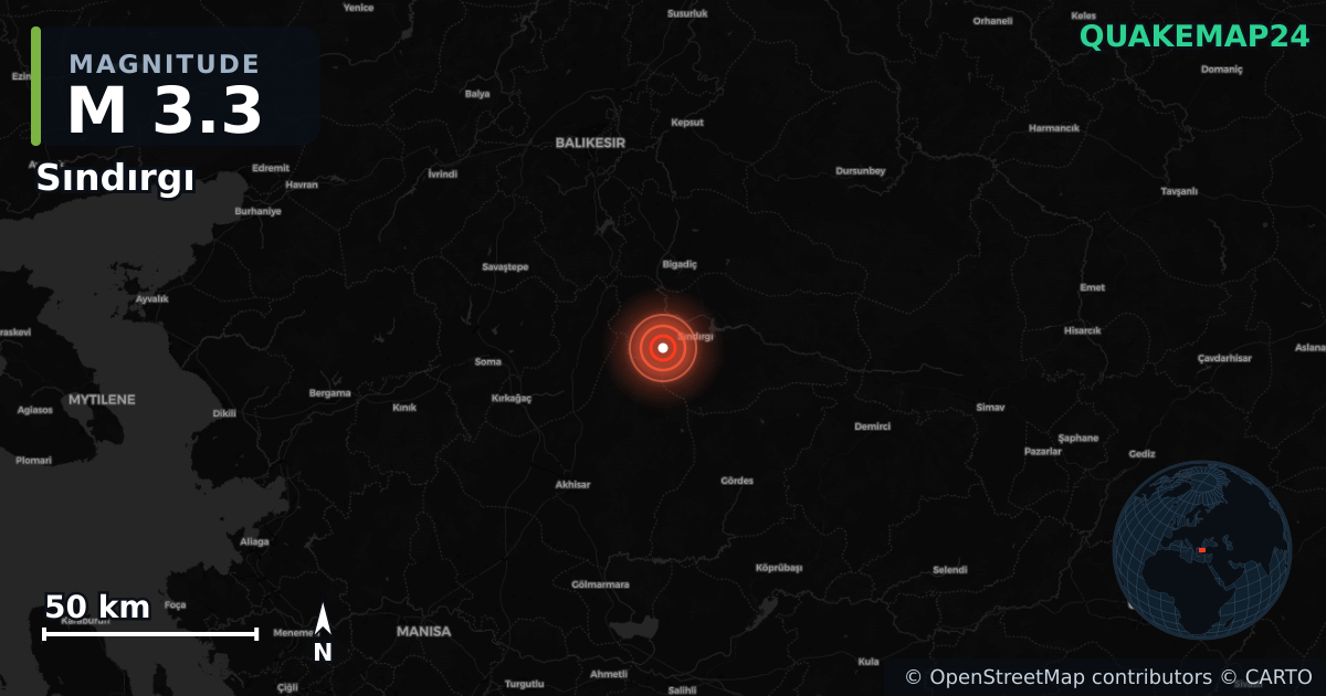 M3.3 earthquake near Sındırgı on Aug 30, 2025 — map of epicenter and shaking intensity | QuakeMap24