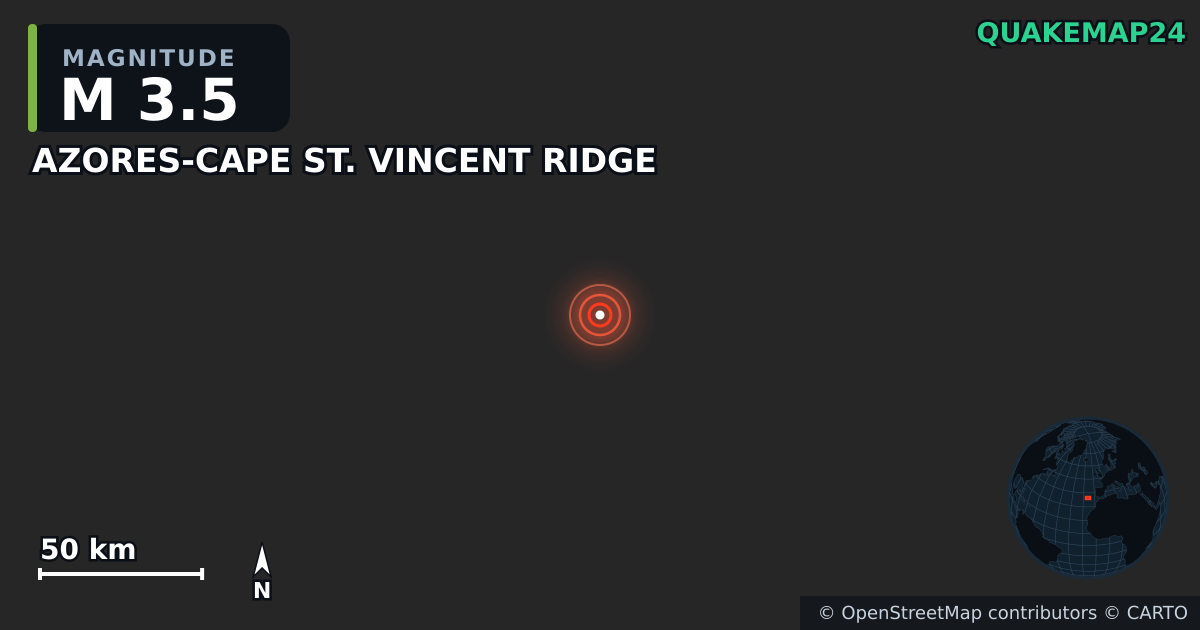 M3.5 earthquake near AZORES-CAPE ST. VINCENT RIDGE on Jul 20, 2026 — map of epicenter and shaking intensity | QuakeMap24